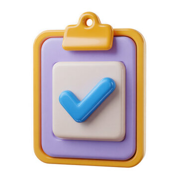 Stylized 3d rendered clipboard icon with blue check mark for tasks and projects