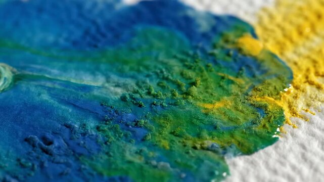 Slow motion close-up of vibrant blue and yellow watercolor paints bleeding and blending organically across damp fibrous paper texture pigment, mixing, background