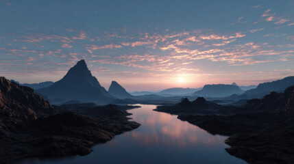 Obraz premium Sunset over serene mountain river surrounded by jagged peaks and misty valleys