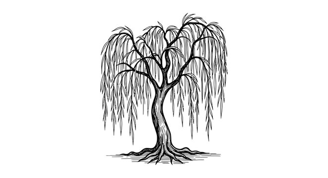 Detailed black and white sketch of a weeping willow tree with cascading branches