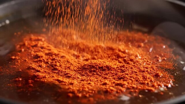 Slow motion close-up of vibrant red paprika spice raining down onto the surface of a dark, rich broth base for goulash soup dusting, red, abstract