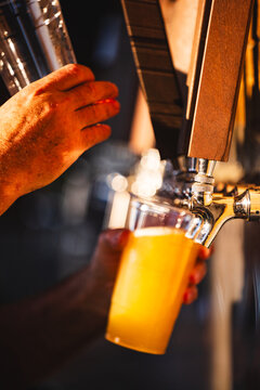 A man's hand pouring beer from a row of taps in the sunlight
