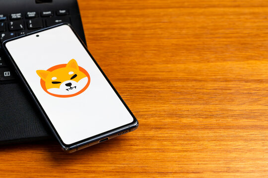 Punta Arenas, Chile &ndash; February 23, 2026: The Shiba Inu (SHIB) cryptocurrency logo displayed on a smartphone screen resting on a black laptop keyboard