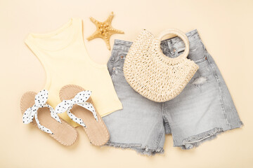 Flat lay with stylish summer outfit on color background