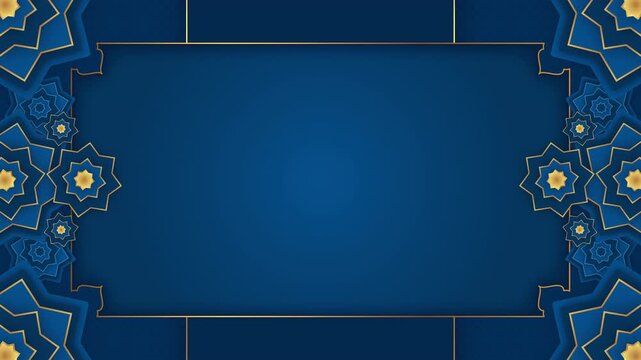 Animated blue and gold Islamic background frame with geometric patterns, and copy space for Ramadan greetings.