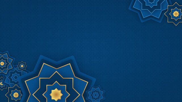 Animated blue and gold Islamic background with copy space for Ramadan and Eid greetings.
