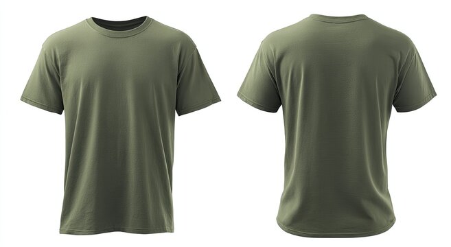 Front and back view of a plain olive-green short-sleeved t-shirt isolated on white