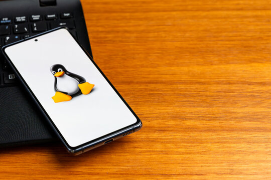 Punta Arenas, Chile &ndash; February 23, 2026: The Linux operating system mascot, Tux the penguin, displayed on a smartphone screen resting on a laptop keyboard