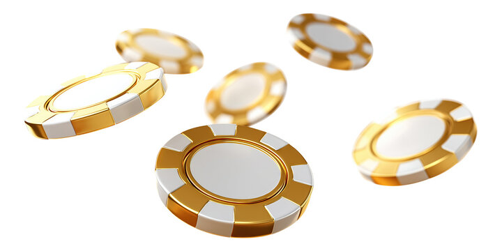 Golden casino chips flying, isolated on transparent cutout background