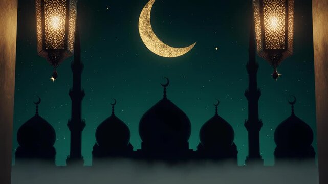 Night sky with crescent moon over silhouetted domed mosque and ornate lanterns hanging in the foreground