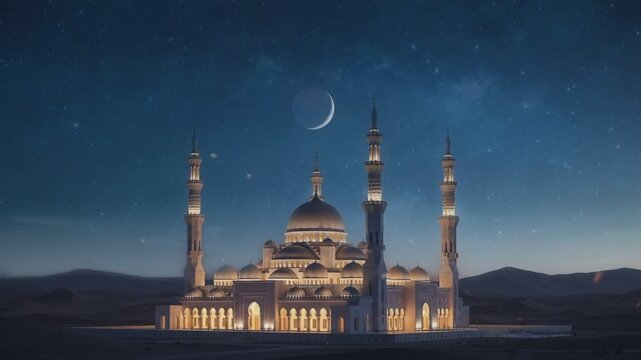 Grand Mosque in Desert Under Starry Night Sky with Crescent Moon and Falling Star for Ramadan Kareem,Aidil Fitri, eid Mubarak decoration design gift background