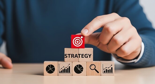 Business strategy concept with wooden blocks and target icon