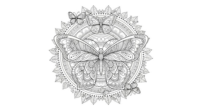 Ornate butterfly mandala line art illustration, intricate insect design, decorative nature pattern for adult coloring pages.