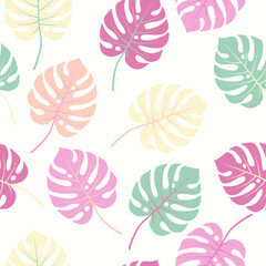 Large monstera leaf pattern. Exotic and lush botanical pattern. Textile print can be used on fabric and clothing. Houseplant foliage stylized with prominent veins. © SunwArt