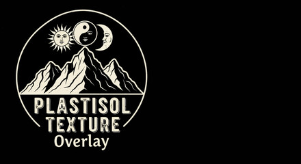 Fototapeta premium Circular Mountain Landscape Illustration with Sun Moon Yin Yang Symbol and Plastisol Texture Overlay on Black Background