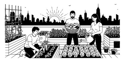 Friends Harvesting Vegetables in Urban Rooftop Garden at Sunset, Sustainable City Living Concept
