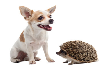 Obraz premium Small Dog and Hedgehog Isolated on White – Exotic Pet Insurance Concept