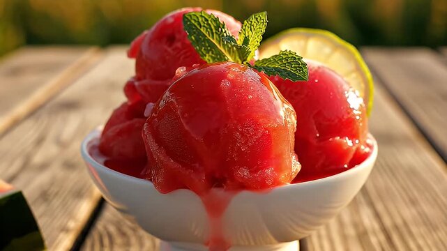 Close up of refreshing red sorbet served in a white bowl with mint garnish