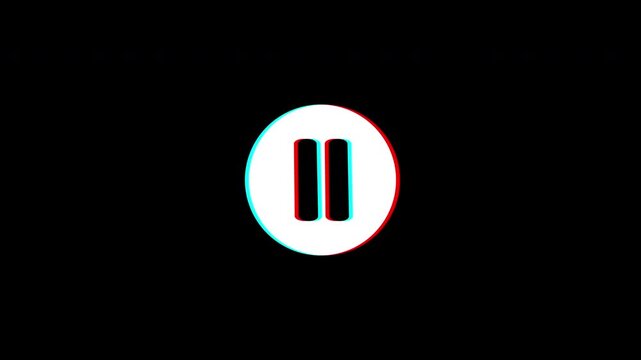 Clicking play and pause button animation with glitch, on transparent background.