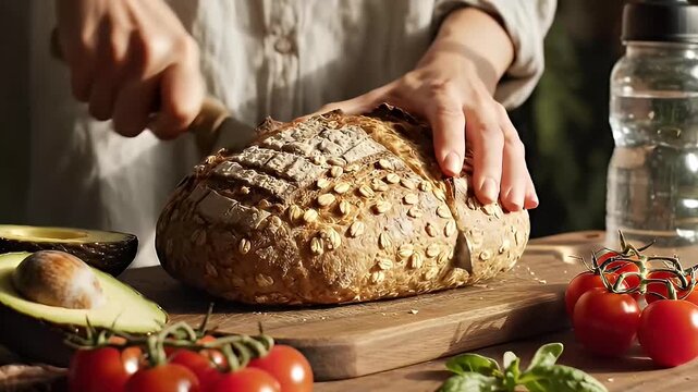 Cutting fresh bread on wooden surface with ingredients nearby