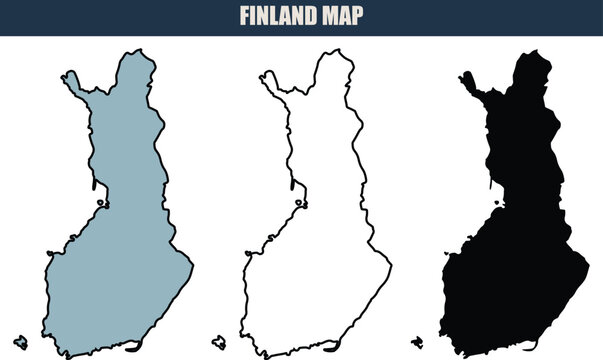 Finland map in three styles, blue, black outline, and black silhouette, for geography and travel purposes