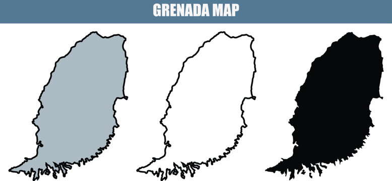 Vector illustrations of Grenada map in three styles, gray, white, and black.
