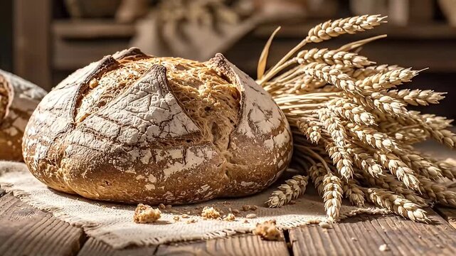 Freshly baked bread loaf with wheat stalks on wooden tabletop close up