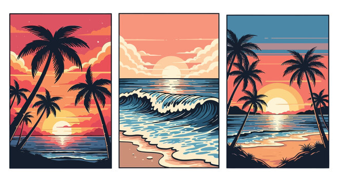Two vibrant panels illustrating beautiful tropical beach sunsets with silhouetted palm trees and ocean waves, evoking a serene vacation mood.