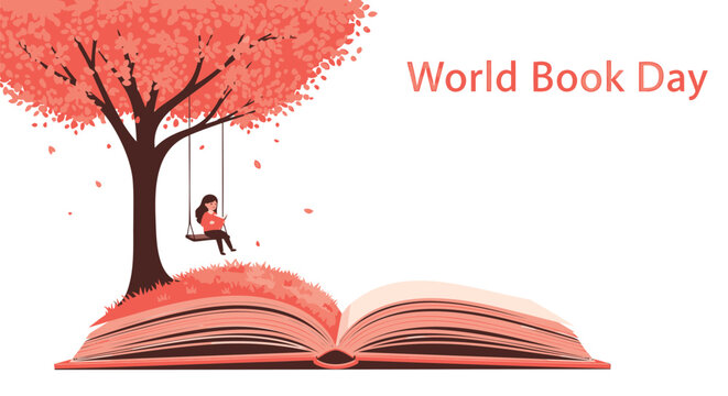 World Book Day illustration with girl on swing under tree beside open book