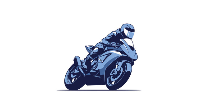 A skilled motorcyclist in a blue suit is depicted leaning into a sharp turn on a powerful sport motorcycle against a white background.