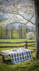 Peaceful farm scene with plaid picnic blanket on wooden bench under blooming white cherry blossom tree near rustic fence and green grass field on bright spring day