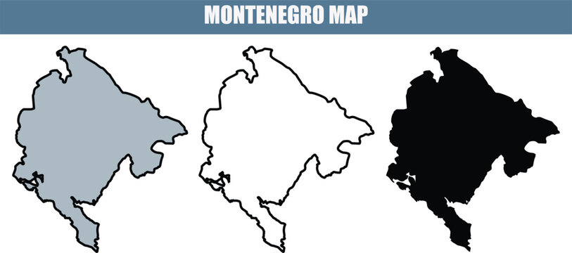 Montenegro map in three styles, gray, outline, and black silhouettes, for travel and geography purposes
