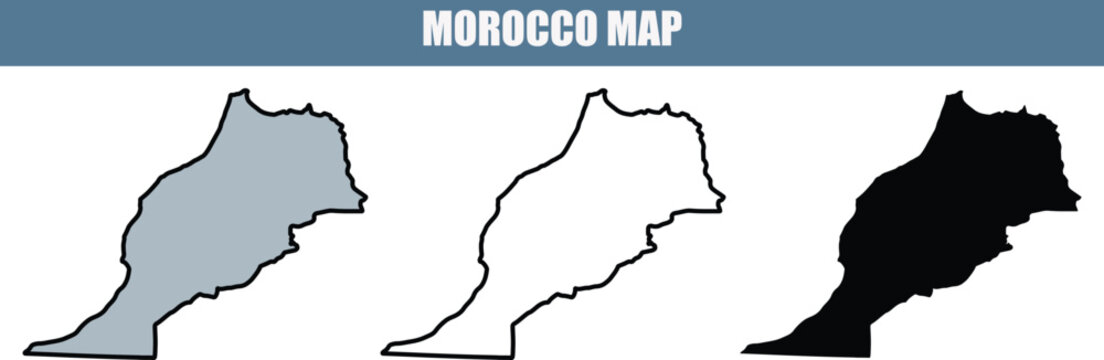 Morocco map in gray, black, and white, with country outline and silhouette.