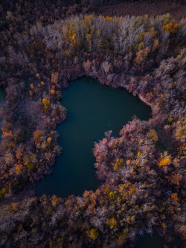 Aerial view from a drone of the Galacho de Juslibol natural area in the Ebro River aquifer. Province of Zaragoza. Autonomous Community of Aragon. Spain. Europe