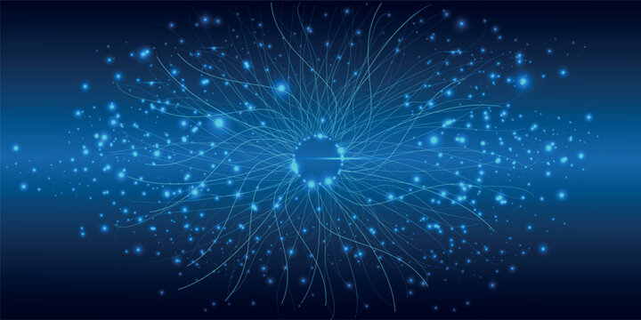 Blue digital eye iris concept with glowing fiber optic light trails and particles, abstract artificial intelligence vision background for biometric security and futuristic technology