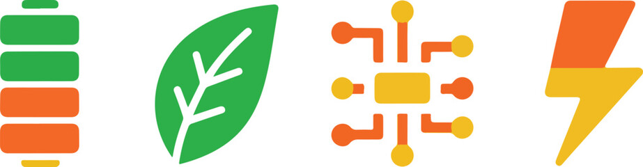 Obraz premium Sustainable Energy Outline Icon Set Battery, Leaves, Circuit, and Lightning Symbols