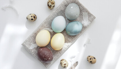 Pastel colored easter eggs and quail eggs with feathers