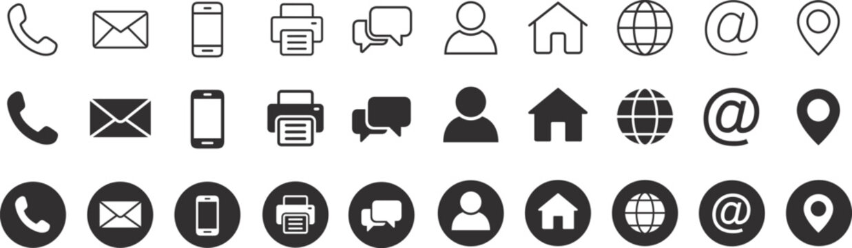 Contact us icon set, containing information name, website, location, address, telephone, mail and more, calender time icons