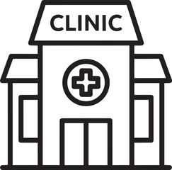 Obraz premium Minimalist line icon of a medical clinic building with a cross symbol, representing healthcare facilities and local medical services.