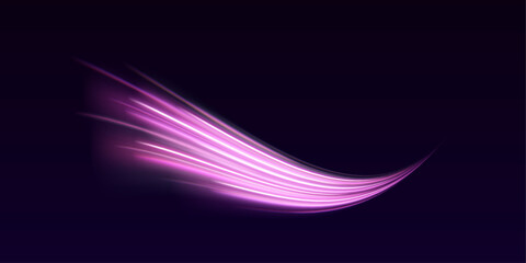 Violet neon waves twist along a PNG background. Motion streaks pulse with vibrant energy. Perfect overlay for cyberpunk or futuristic designs. © Extrastock
