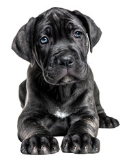 Fototapeta premium Cute Cane Corso puppy with blue eyes, lying down, adorable pet, isolated on transparent background