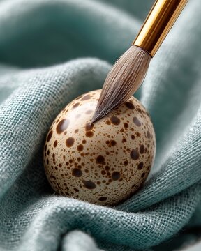 Gepunktetes Vogel-Ei auf mintgr&uuml;nem Leinenstoff mit Pinsel &ndash; Ostern, Kunsthandwerk und Naturmotiv