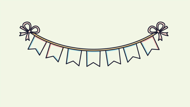 Colorful party bunting flags hanging on a string with bows for celebration and festive event decoration on light green background.