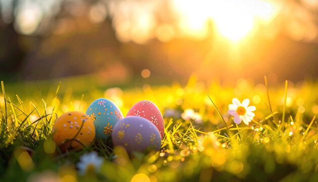 Vibrantly decorated easter eggs nestled in lush green grass, illuminated by the warm, golden glow of a spring sunset, creating a festive and serene holiday scene.
