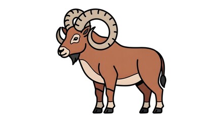 Cartoon illustration of a brown mountain goat with large horns standing on a white background.