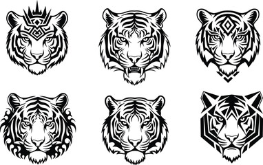 Fototapeta premium Set of Tribal and Geometric Tiger Head Logos in Black and White, Fierce Mascot Emblems, Vector Line Art Illustrations for Tattoo, Esports and Branding Design