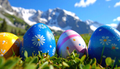 Vibrant easter eggs nestled in lush green grass with majestic snow-capped mountains under a clear blue sky, symbolizing the joy of spring celebrations and outdoor adventures.
