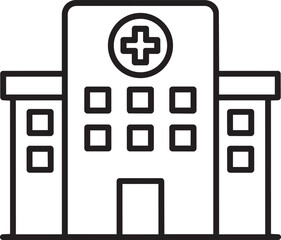 Fototapeta premium Hospital Icon: A clean and simple black and white vector graphic of a modern hospital, featuring a cross symbol, windows, and architectural details, representing health and care.