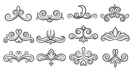 Fototapeta premium Collection of ornate black and white decorative flourishes and vintage design elements
