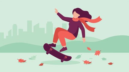 Young woman skateboarding in autumn city park, flat design illustration © Tahphoto